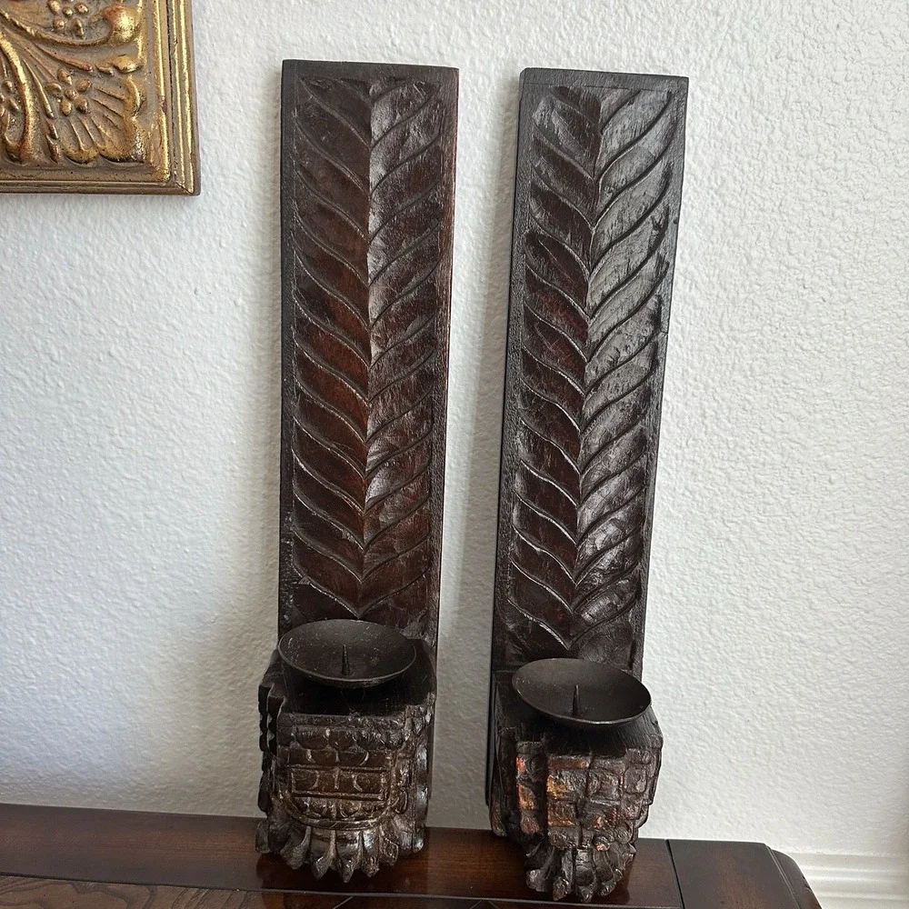 Antique Artisan Candle Holder 16 Inch English Oak Wood Pillars Stained Ferns‎